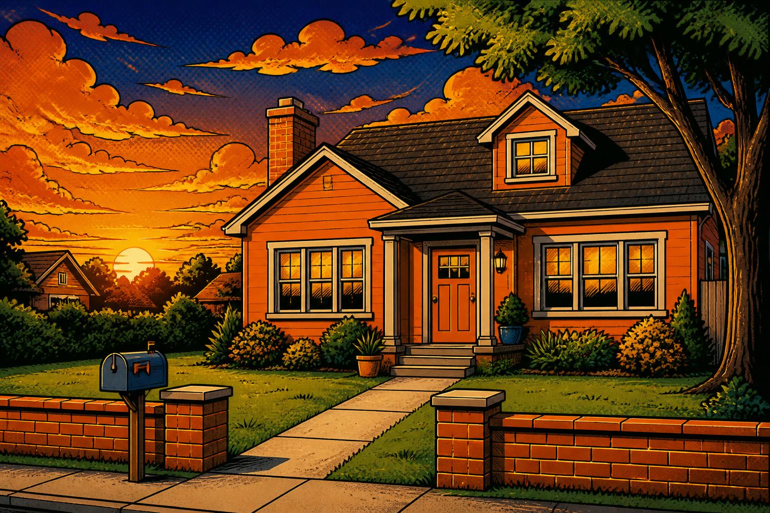 Comic illustration of an orange house at sunset